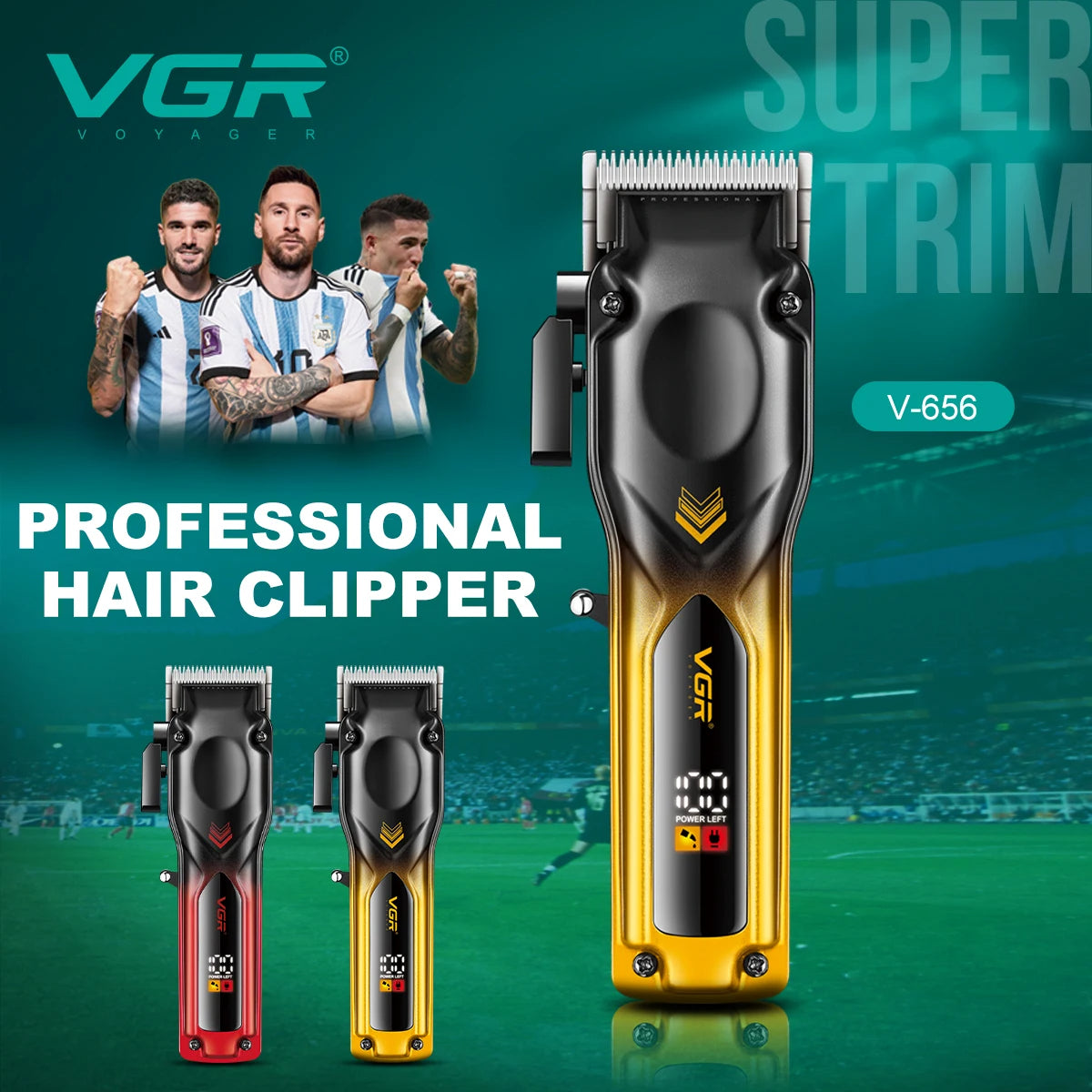VGR V-656 Professional Hair Clipper promotional banner featuring gold and red gradient models with intelligent LED displays and "Super Trim" performance.