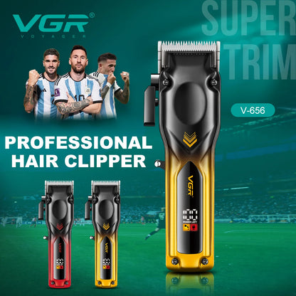VGR V-656 Professional Hair Clipper promotional banner featuring gold and red gradient models with intelligent LED displays and "Super Trim" performance.