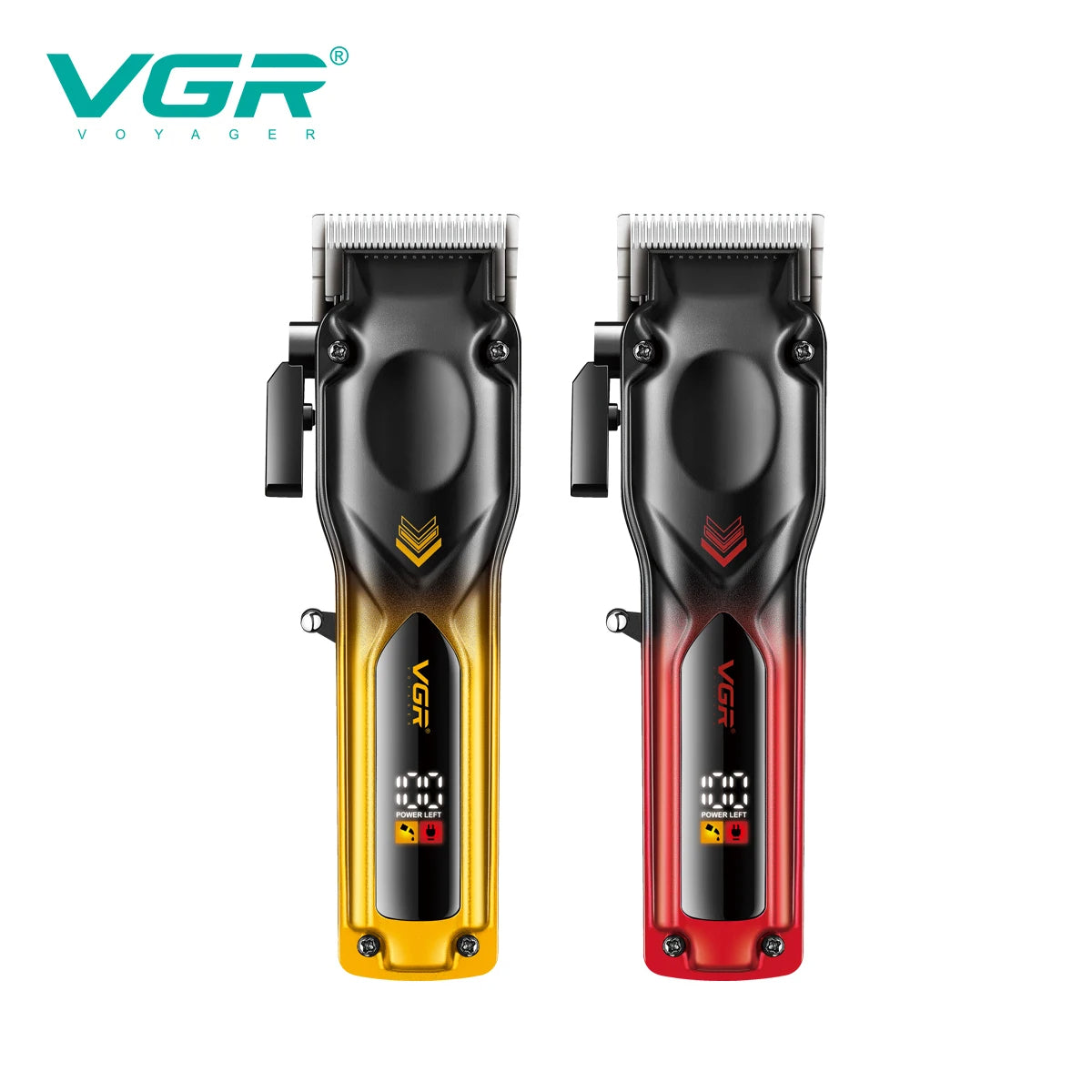 VGR V-656 professional hair clippers in gold and red gradient colors with a high-definition LED battery display and adjustable taper lever.