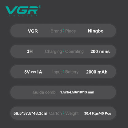 Technical specifications for VGR V-656: 200 minutes operating time, 3-hour charge, 2000mAh battery, and 6 guide combs (1.5mm to 13mm).