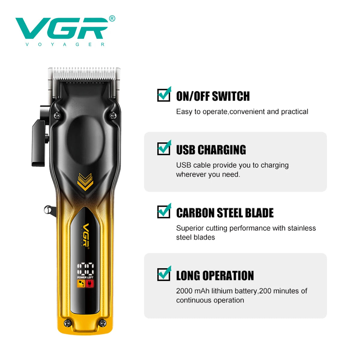 VGR V-656 high-end hair clipper features including carbon steel blades, 2000mAh lithium battery for 200 minutes of operation, and USB charging.