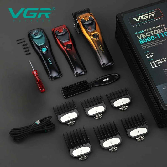 The complete VGR Voyager V-668 professional hair clipper kit, including three clippers (gold, red, black), a cleaning brush, screwdriver, six guide combs, a power cable, and the branded carry case with product details.