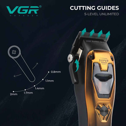 Close-up diagram illustrating the five distinct cutting length settings (0.8mm, 1.1mm, 1.4mm, 1.7mm, 2mm) achieved by the taper lever on the VGR Voyager V-668 clipper.
