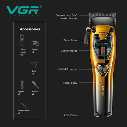 Detailed diagram with callouts identifying the key features of the VGR V-668 clipper: ceramic and DLC coated blades, taper lever, vector motor, metal body, and USB charging port, with a list of included accessories on the left.