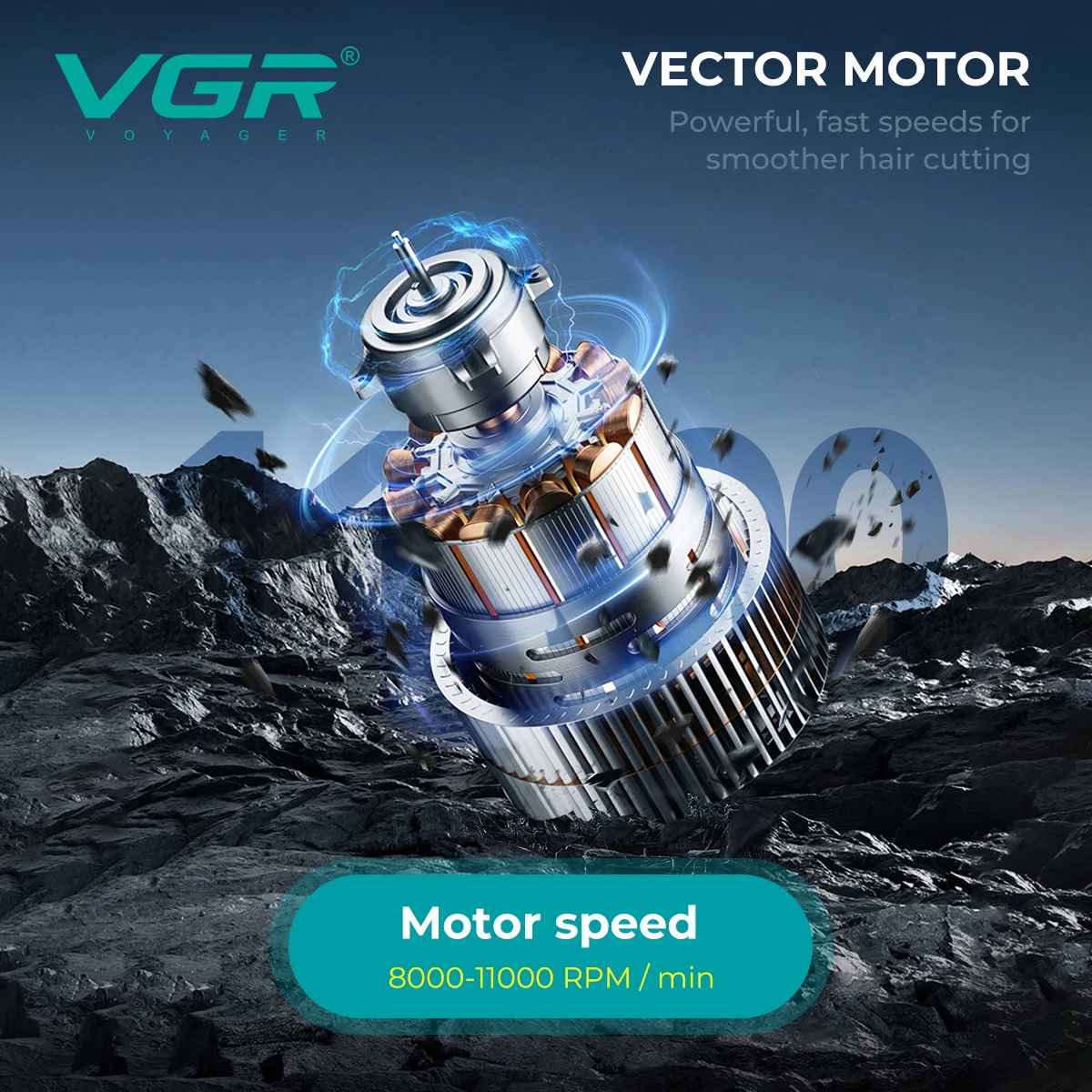 A technical visualization of the VGR Voyager's vector motor components with a speed gauge graphic, indicating powerful operation from 8000-11000 RPM over a rugged rock background.