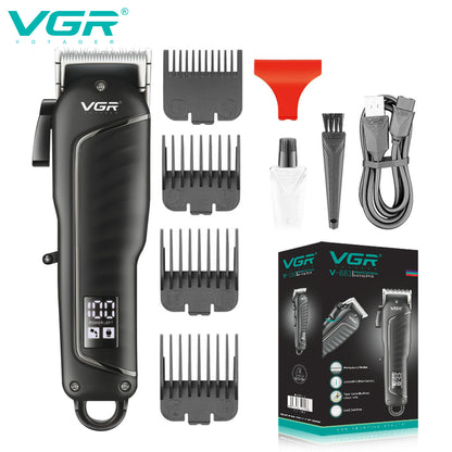 VGR V-683 professional hair clipper full retail box package with 4 guide combs, USB cable, cleaning brush, oil, and packaging box.