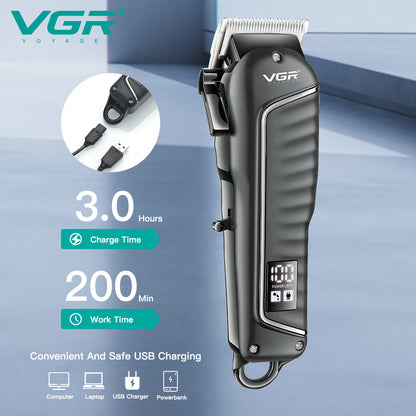 VGR V-683 cordless trimmer battery performance breakdown highlighting 3 hours quick charge time and 200 minutes cordless backup runtime.