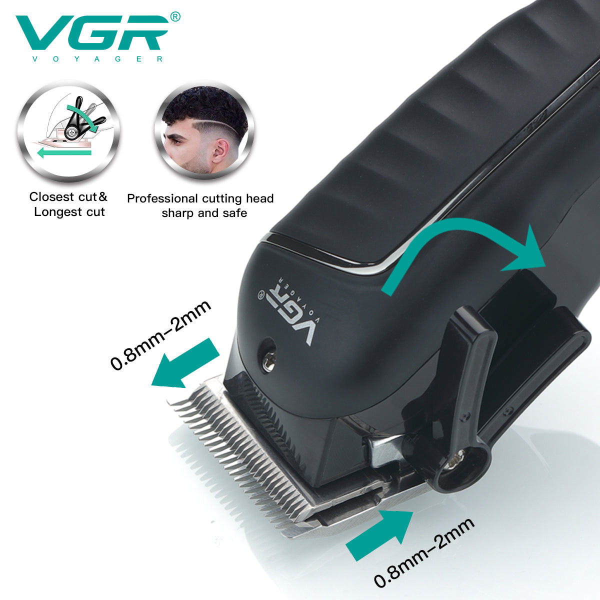 VGR V-683 barber hair trimmer adjustable cutting length head showing 0.8mm to 2.0mm micro-adjustment taper lever options.