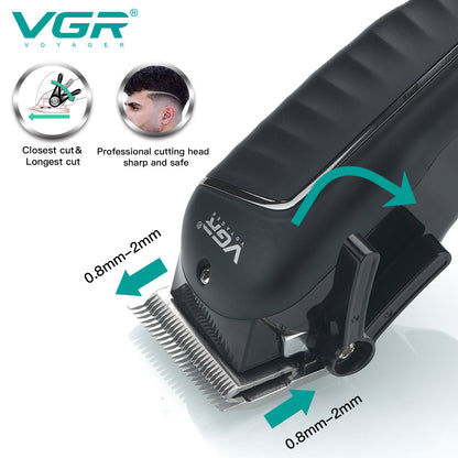 VGR V-683 barber hair trimmer adjustable cutting length head showing 0.8mm to 2.0mm micro-adjustment taper lever options.