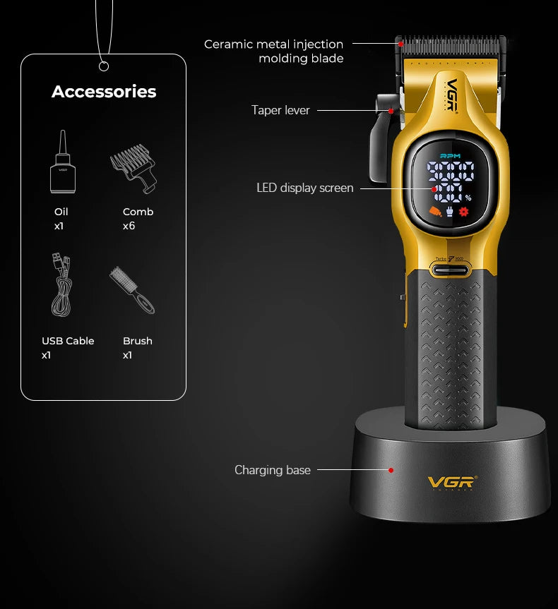 Diagram labeling the parts of the VGR V-886C hair trimmer and a list of accessories including 6 combs, USB cable, oil, and brush
