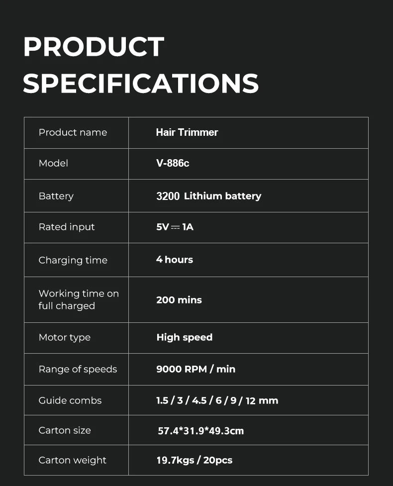 VGR V-886C Product Specifications: 3200mAh Lithium Battery, 9000 RPM Motor, 200 min Runtime, 6 Guide Combs