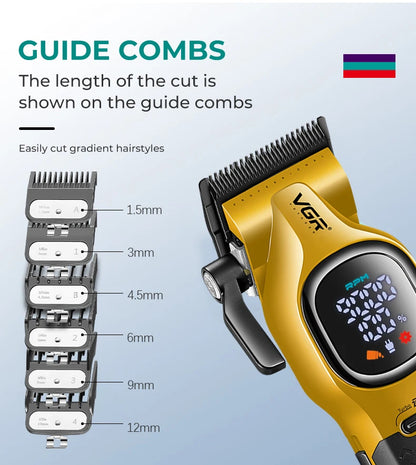 Detail view of VGR V-886C guide combs set including 1.5mm, 3mm, 4.5mm, 6mm, 9mm, and 12mm lengths for gradient hairstyles