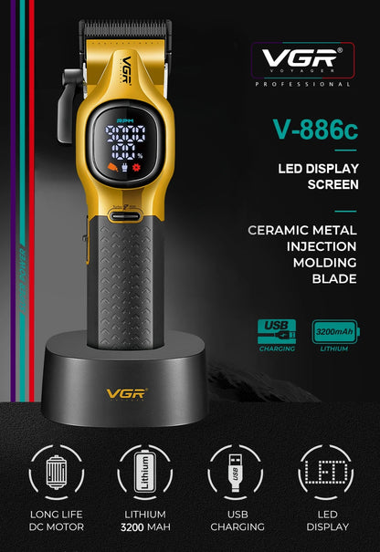VGR V-886C features overview highlighting the long-life DC motor, 3200mAh lithium battery, USB charging, and ceramic-metal blade
