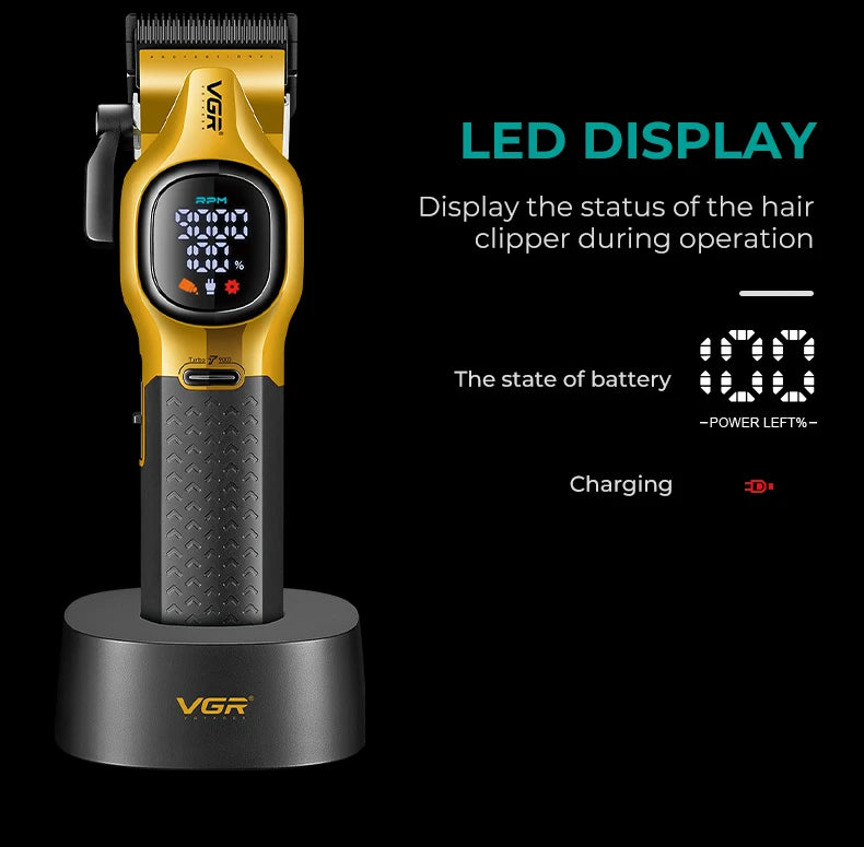 Closeup of the VGR V-886C gold clipper highlighting the LED display which shows a 100% battery charge status