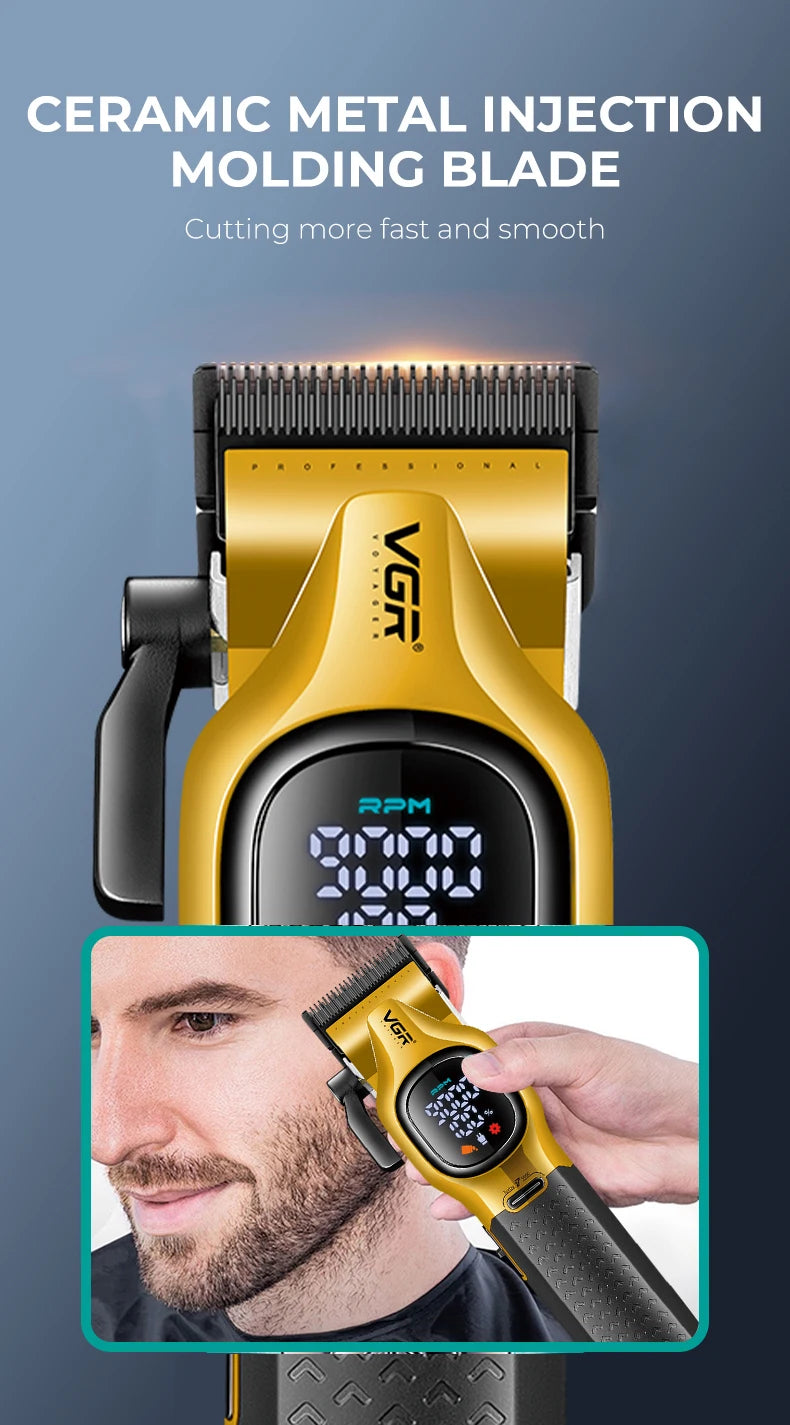VGR V-886C ceramic-metal injection molding blade detail for fast cutting, shown with an inset photo of beard trimming