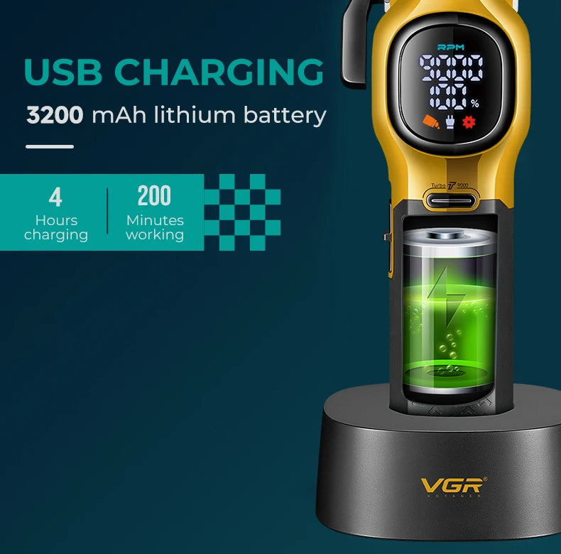 USB Charging feature diagram for VGR V-886C showing the 3200mAh lithium battery, 4-hour charge time, and 200-minute working time