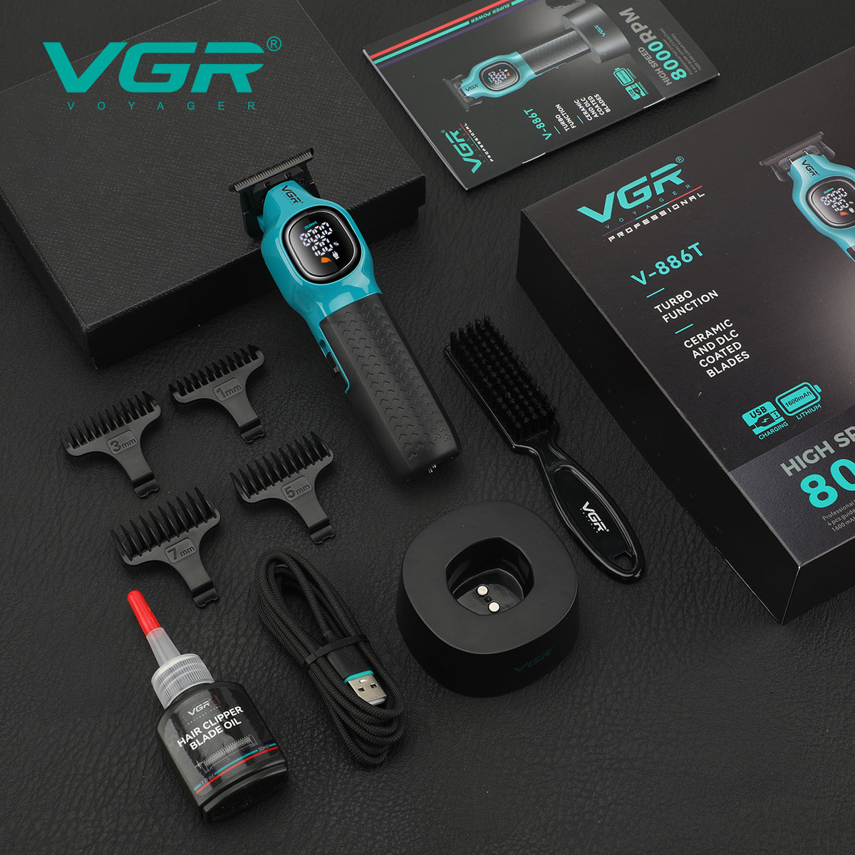 vgr v-886t professional hair trimmer complete box kit with charging dock guide combs oil brush and usb cable
