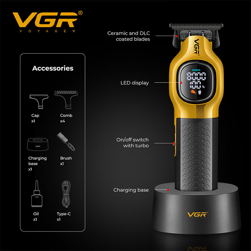 vgr v-886t trimmer specifications diagram showing dlc blades led display turbo switch and packaging accessories