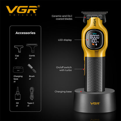 vgr v-886t trimmer specifications diagram showing dlc blades led display turbo switch and packaging accessories
