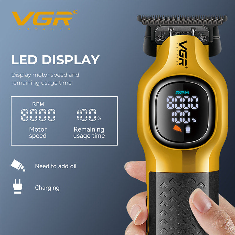 vgr v-886t cordless hair clipper smart led digital screen showing motor rpm speed battery percentage and oil indicator