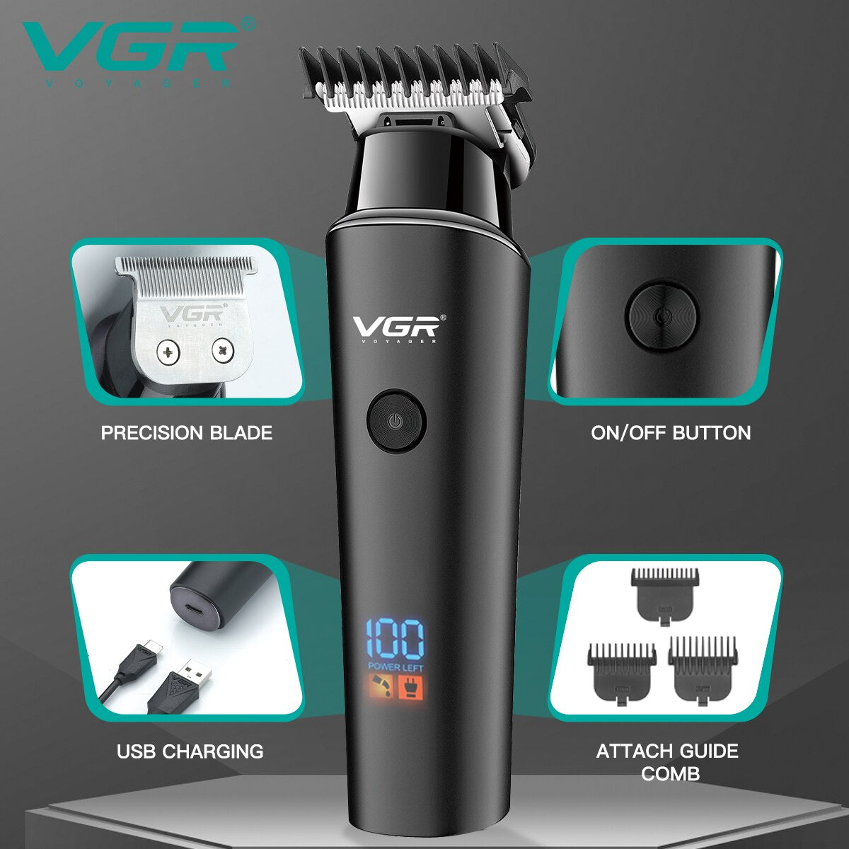 VGR V-937 professional trimmer features including precision T-blade, power ON/OFF button, USB charging port, and three attachable guide combs.