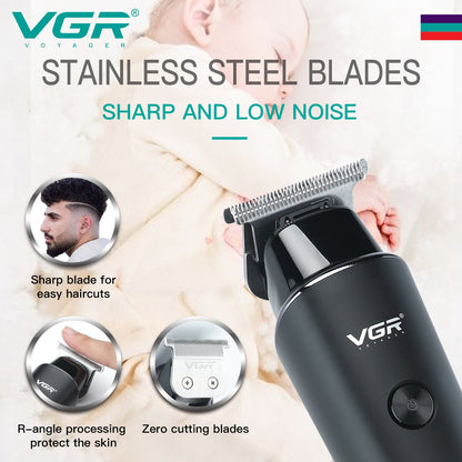 VGR V-937 low noise hair trimmer with skin-friendly R-angle stainless steel blades and zero cutting precision for safe baby and adult grooming.