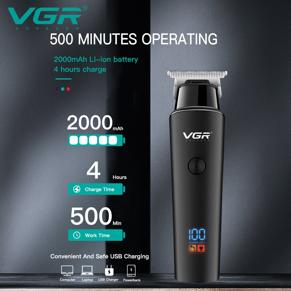 VGR V-937 trimmer infographic showing 500 minutes operating time, 2000mAh lithium battery, and 4-hour fast charging with USB support for laptops and power banks.