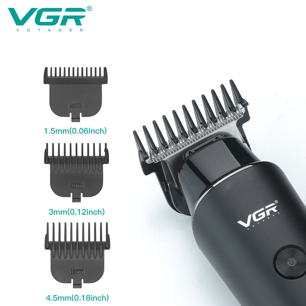 VGR V-937 professional trimmer with three guide comb attachments in sizes 1.5mm, 3mm, and 4.5mm for precision hair cutting and beard fading.
