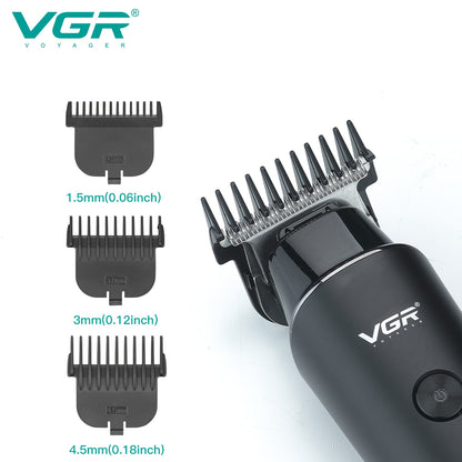 VGR V-937 professional trimmer with three guide comb attachments in sizes 1.5mm, 3mm, and 4.5mm for precision hair cutting and beard fading.
