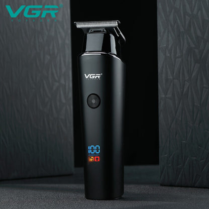 VGR V-937 professional cordless trimmer for men featuring a digital LED battery display and precision T-blade in a sleek matte black finish.