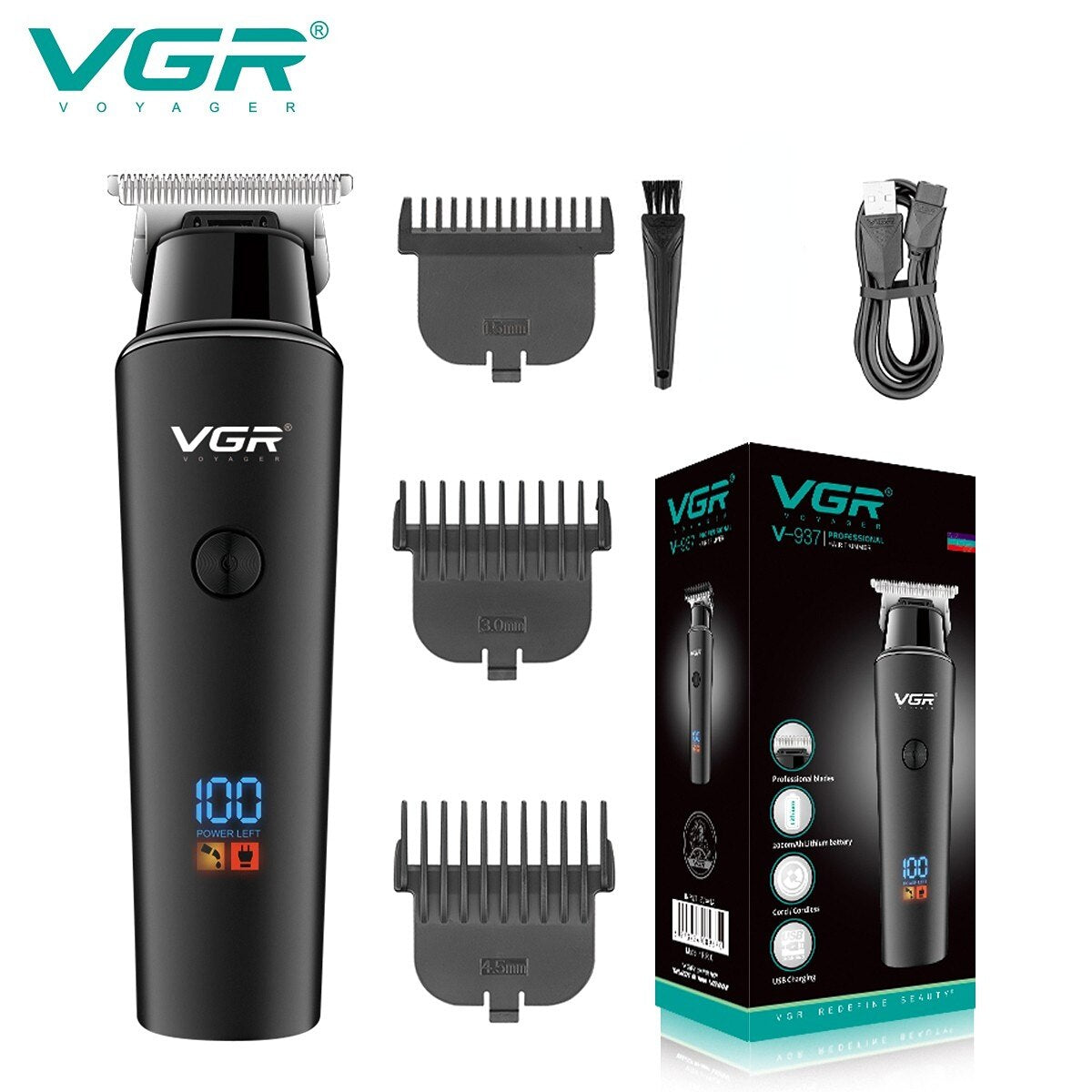 VGR V-937 professional hair trimmer kit with 500-minute runtime, 3 attachment combs, USB cable, and retail packaging on a white background.