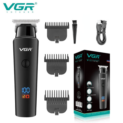 VGR V-937 professional hair trimmer kit with 500-minute runtime, 3 attachment combs, USB cable, and retail packaging on a white background.