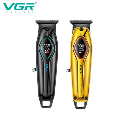 studio display showcasing two variants of the vgr v-945 zero cut shaving machine featuring the metallic glossy black and bright reflective gold metal body housings with digital led battery indicators on a pure white background