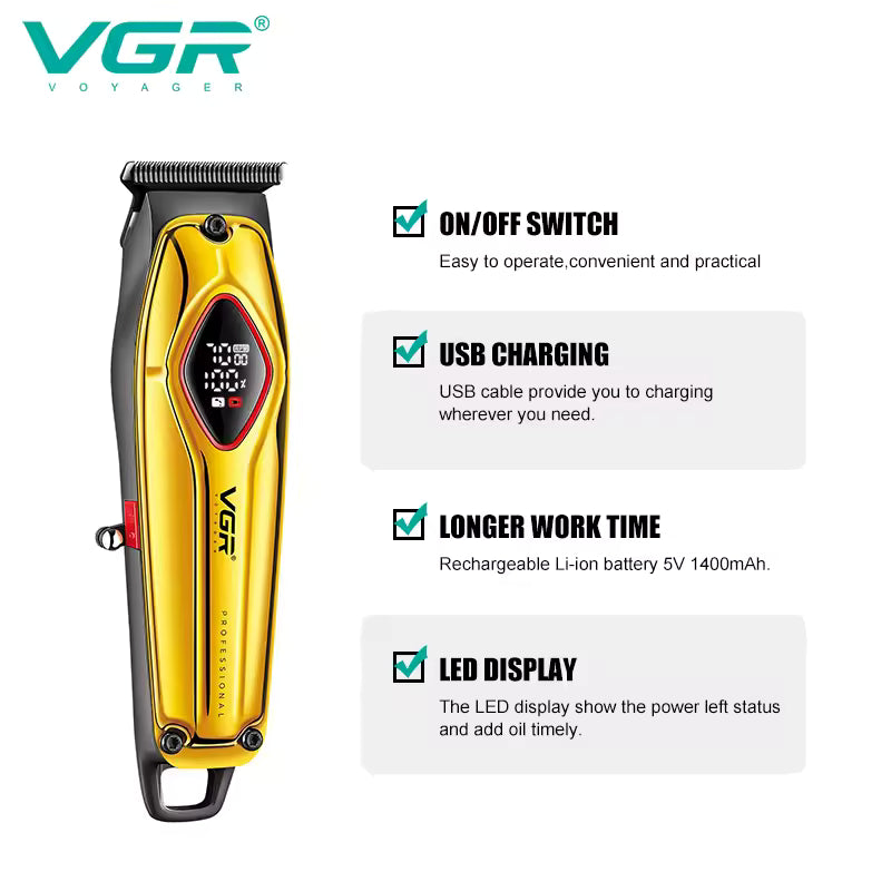 product marketing infographic for vgr v-945 gold grooming trimmer highlighting four core system functions including on off switch operation universal usb charging support 1400mah lithium battery long work time and intelligent digital led status display