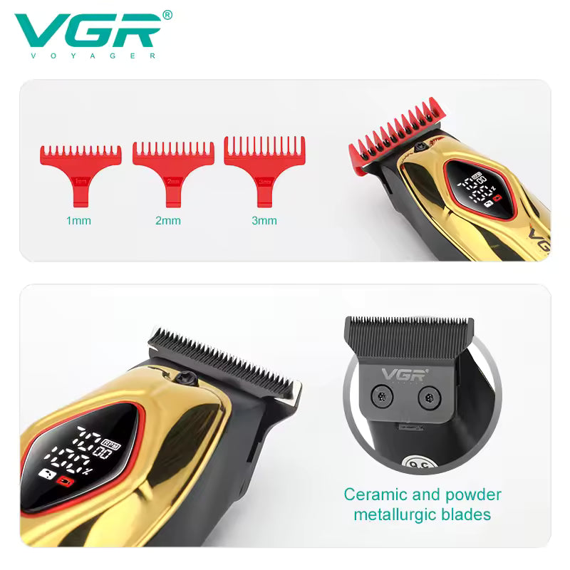 technical feature panel for vgr v-945 detailing three red guide combs in 1mm 2mm and 3mm sizes alongside a close up view of the t blade system highlighting the high hardness ceramic and powder metallurgic blades designed to reduce friction