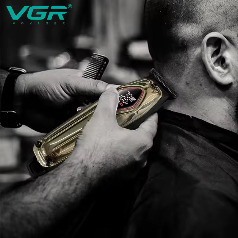 close up atmospheric grayscale shot of a barber using the gold vgr v-945 professional hair clipper to detail and blend a clean fade haircut on a client at a salon shop