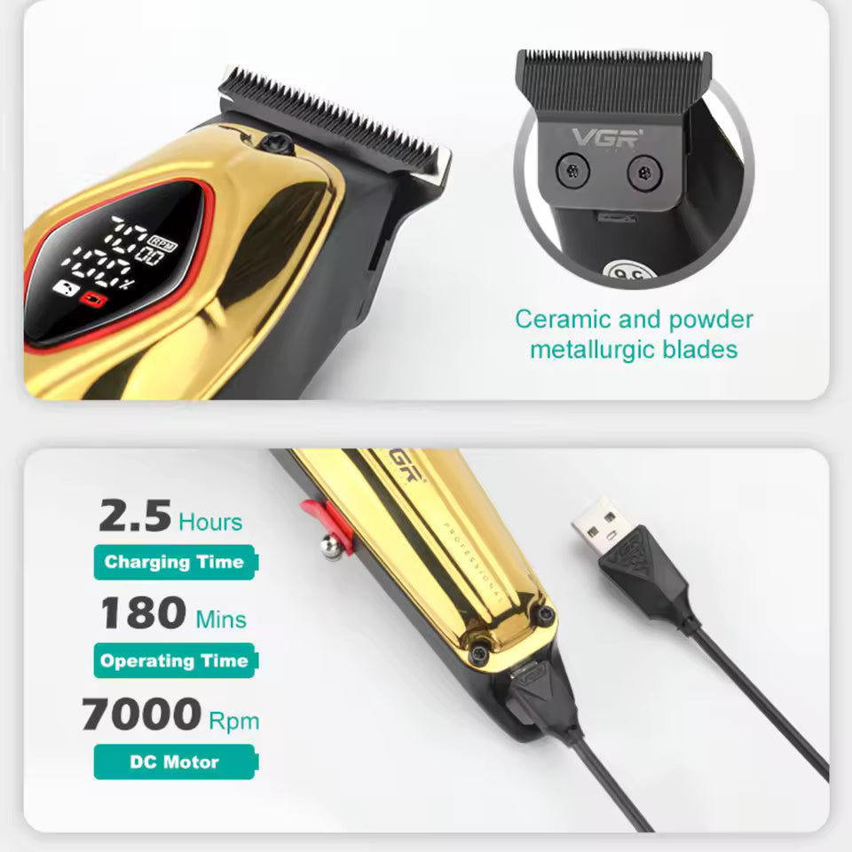 dual panel feature graphic illustrating close up details of the premium vgr v-945 ceramic t blade assembly and the base charging setup showing 2.5 hours charging time 180 mins operating time and 7000 rpm high speed dc motor performance values