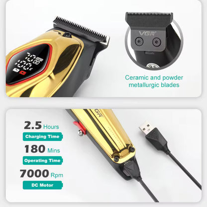 dual panel feature graphic illustrating close up details of the premium vgr v-945 ceramic t blade assembly and the base charging setup showing 2.5 hours charging time 180 mins operating time and 7000 rpm high speed dc motor performance values