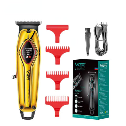 complete online product flat lay kit for the gold edition vgr v-945 professional trimmer including four red attachment guide combs small cleaning brush universal usb charging wire and the branded vgr barber series green retail packaging box