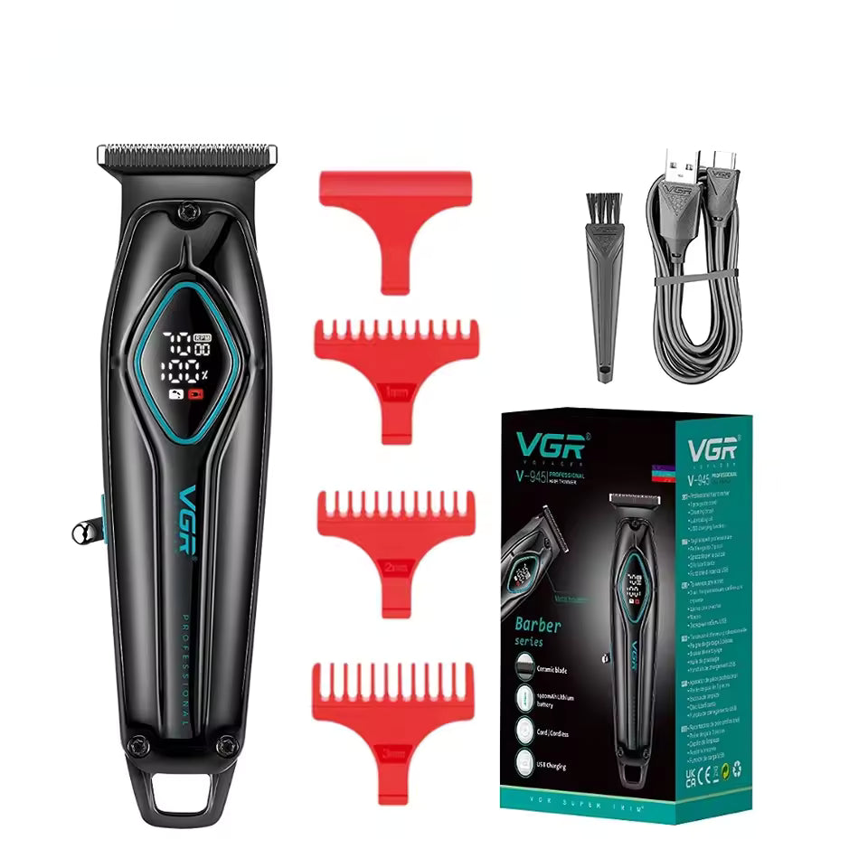 e-commerce product package layout for the black edition vgr v-945 hair cutting trimmer machine including four red trimming guard attachments plastic comb brush type-c usb power wire and factory retail box casing on a solid white background
