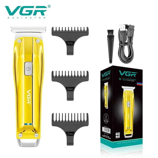 vgr v-955 professional hair trimmer kit containing the golden electric clipper, three black limit combs, a cleaning brush, a usb data charging cable, and the original packaging box.