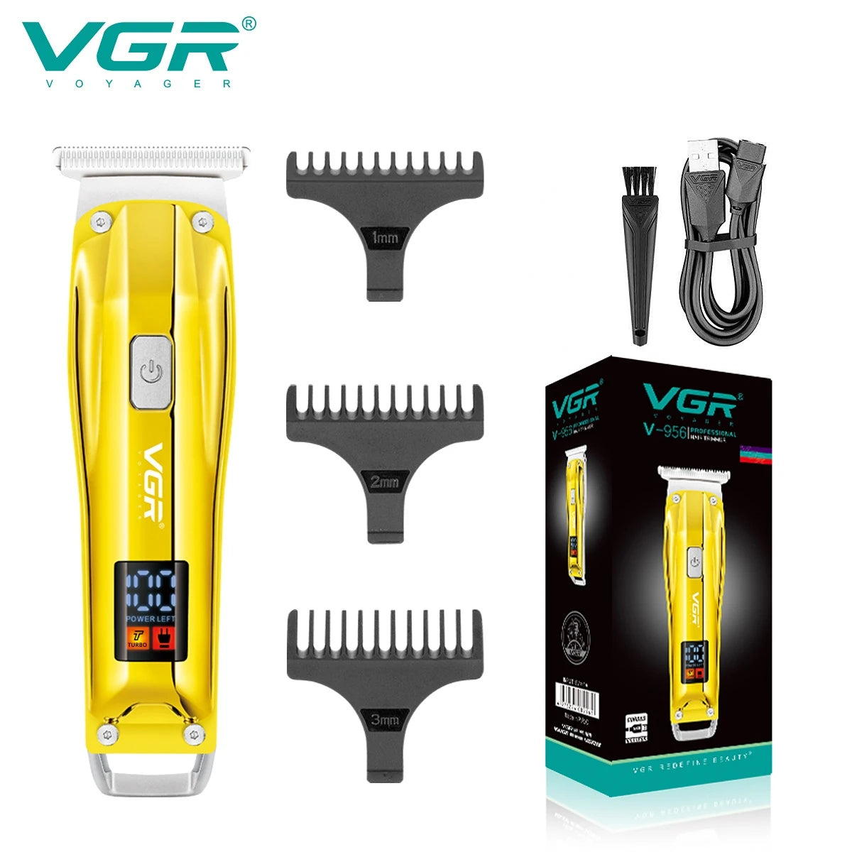 vgr v-956 professional grooming kit including the yellow cordless hair cutting machine, three black guide combs, a cleaning brush, usb charging cable, and its retail product packaging box.