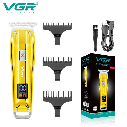 vgr v-956 professional grooming kit including the yellow cordless hair cutting machine, three black guide combs, a cleaning brush, usb charging cable, and its retail product packaging box.