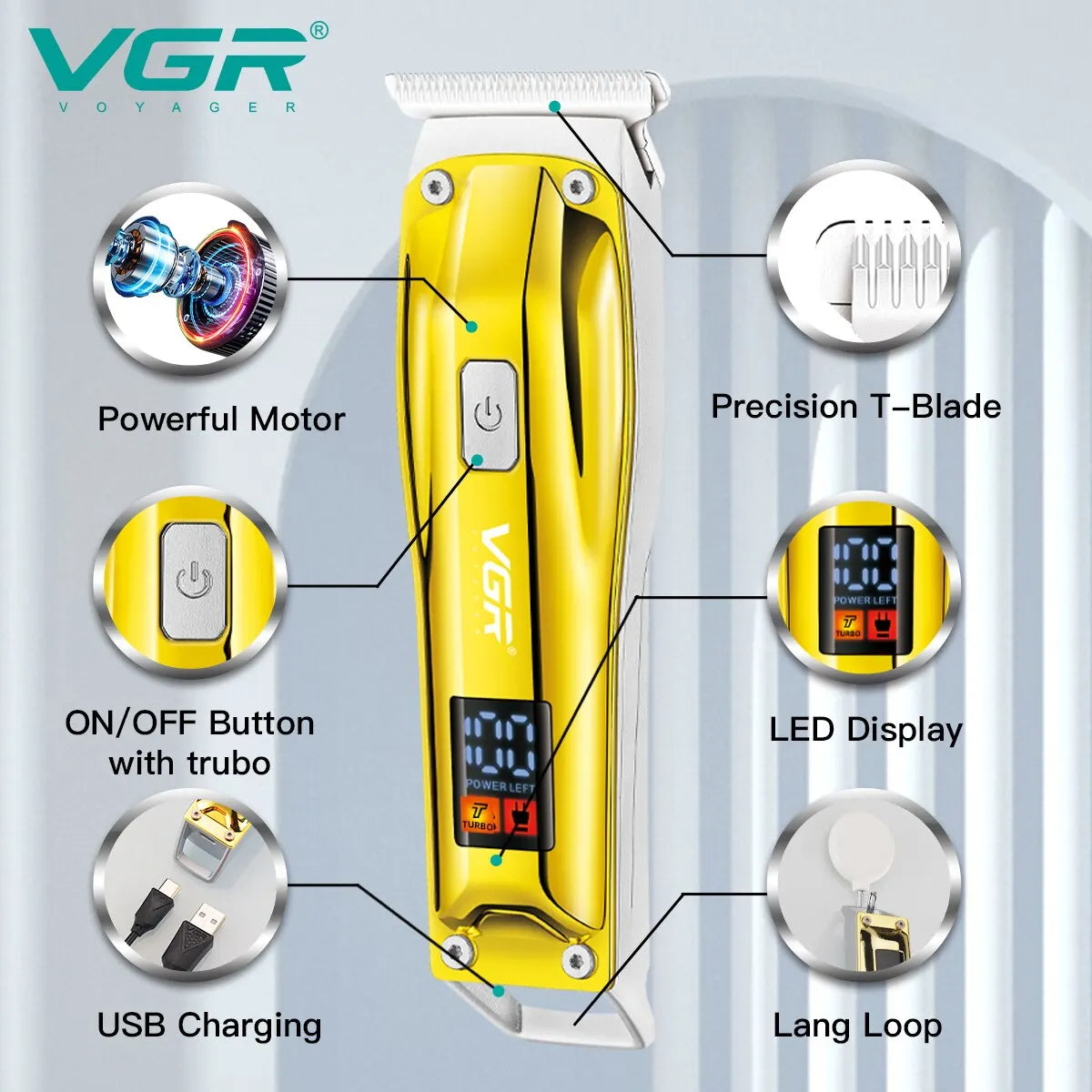 vgr v-956 electric clipper feature diagram showcasing the powerful motor, precision t-blade, dual-speed turbo power button, digital led display, hang loop, and universal usb charging port.