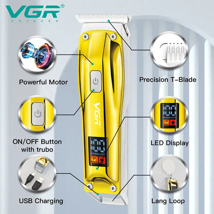 vgr v-956 electric clipper feature diagram showcasing the powerful motor, precision t-blade, dual-speed turbo power button, digital led display, hang loop, and universal usb charging port.