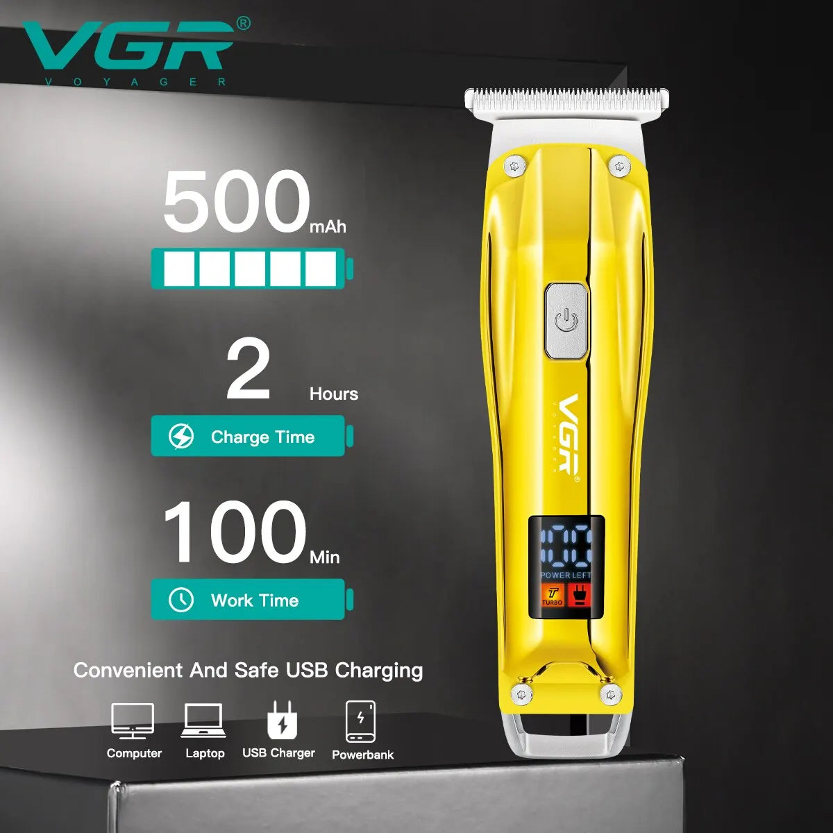 vgr v-956 rechargeable hair trimmer technical overview showing the 500mah lithium battery capacity, 2-hour rapid charge time, and 100-minute runtime with universal usb power source options.