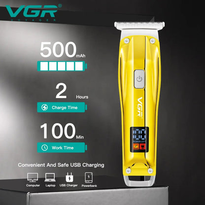 vgr v-956 rechargeable hair trimmer technical overview showing the 500mah lithium battery capacity, 2-hour rapid charge time, and 100-minute runtime with universal usb power source options.