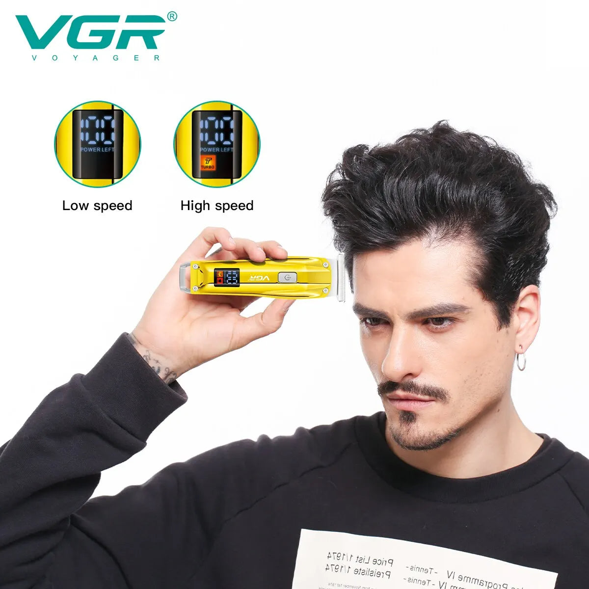 a man using the yellow vgr v-956 portable trimmer for men to shape his hair outline, with side graphics highlighting the low speed and high speed turbo mode display options.