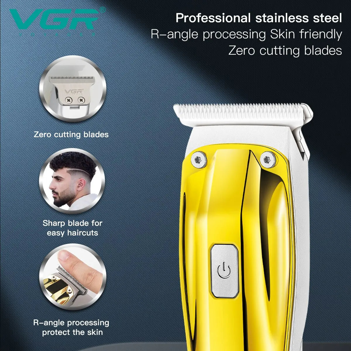 close-up graphic of the vgr v-956 professional stainless steel zero cutting blades, highlighting skin-friendly r-angle blade processing engineered for sharp haircuts and close dry shaving.