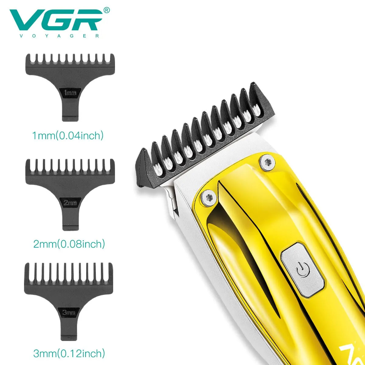 vgr v-956 cordless hair clipper head with an attached black attachment comb next to 1mm, 2mm, and 3mm length styling guides.